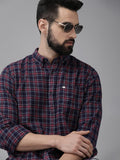 Aride - Men Navy Blue & Maroon Slim Fit Checked Flannel Cotton Casual Shirt