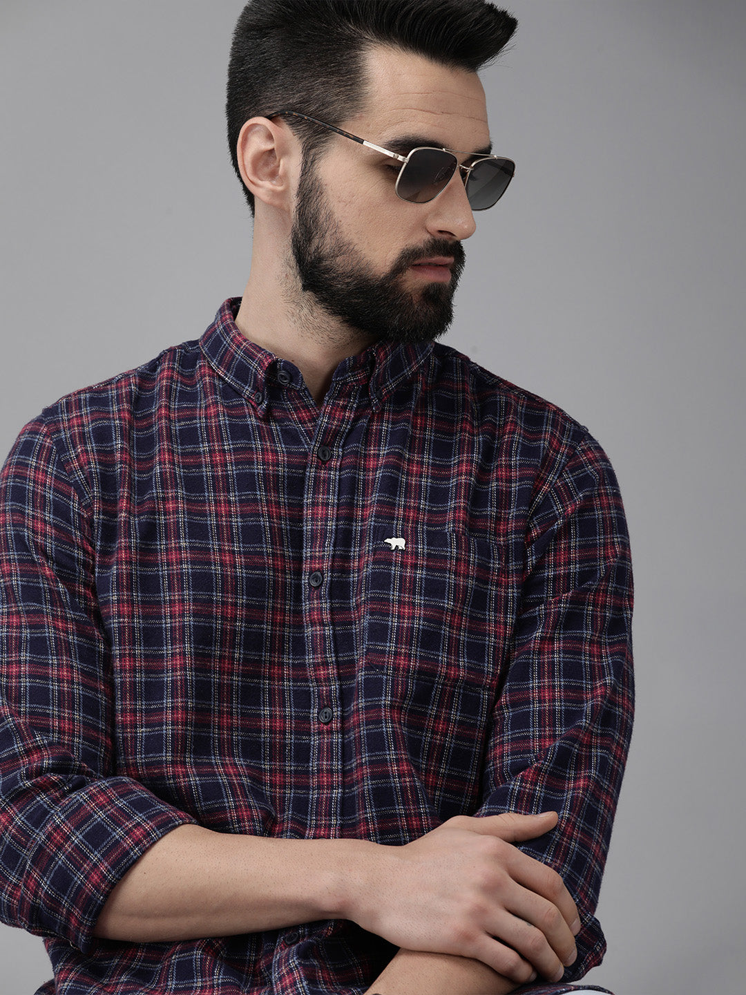 Aride - Men Navy Blue & Maroon Slim Fit Checked Flannel Cotton Casual Shirt