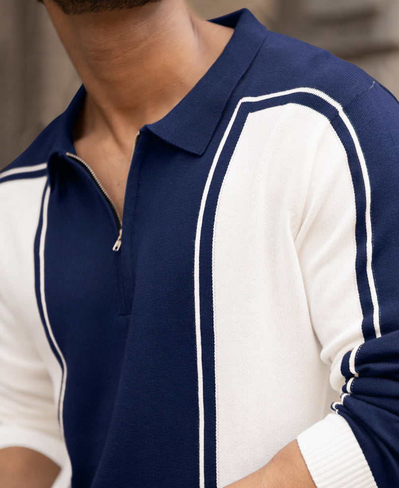 Navy-White Colour Blocked Polo T-Shirt