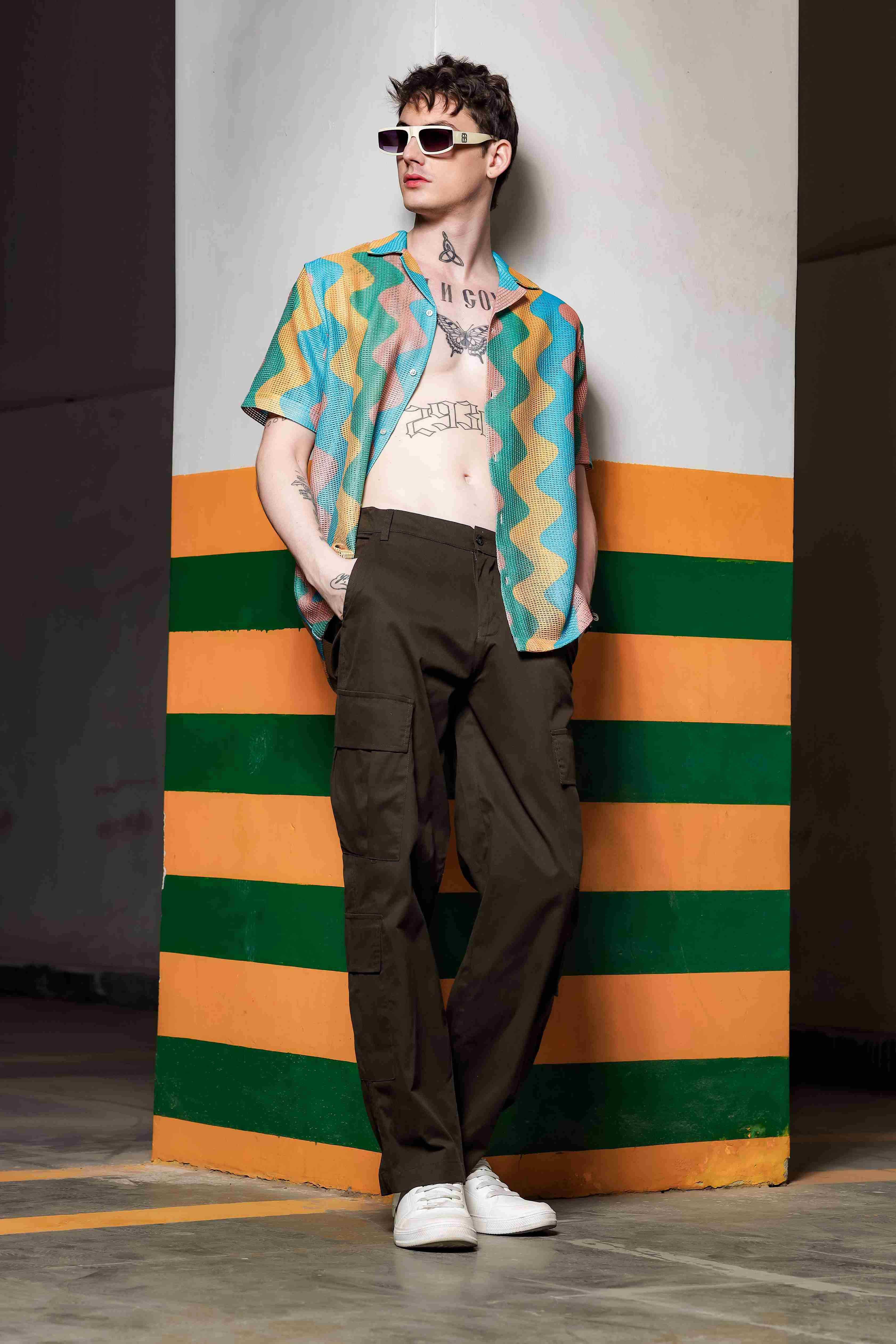 Relaxed Fit Semi Sheer Crochet-Look Resort Shirt
