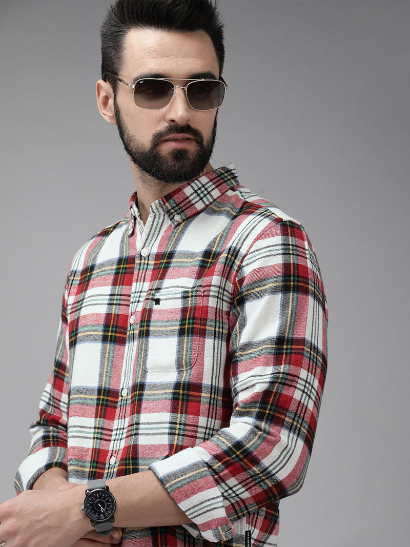 Ravelo - Men White & Red Slim Fit Checked Cotton Flannel Casual Shirt