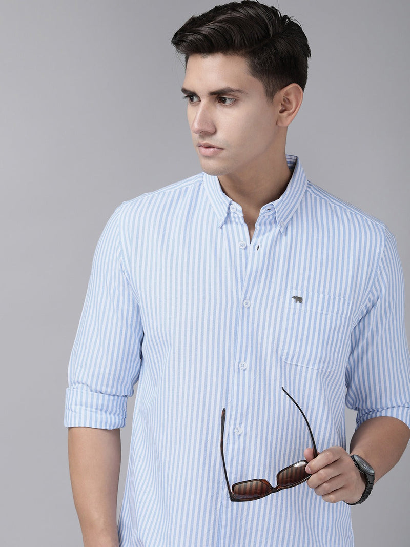 Cantos - Men Blue & White Cotton Slim Fit Striped Casual Shirt