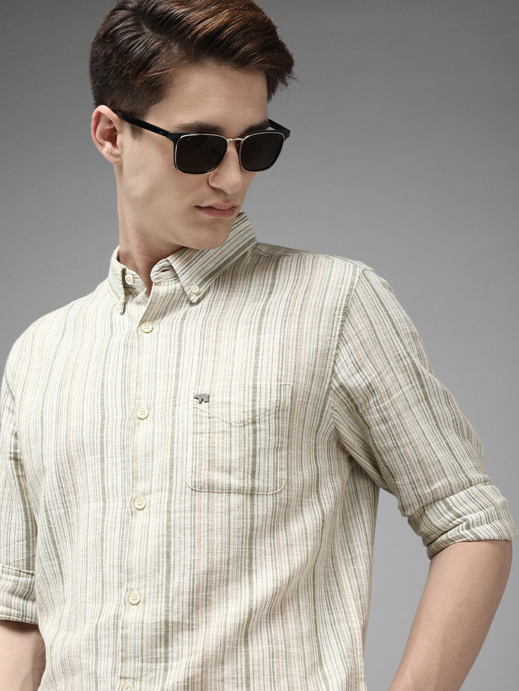 Ingo - Men Cream Striped Slim Fit Cotton Linen Casual Shirt