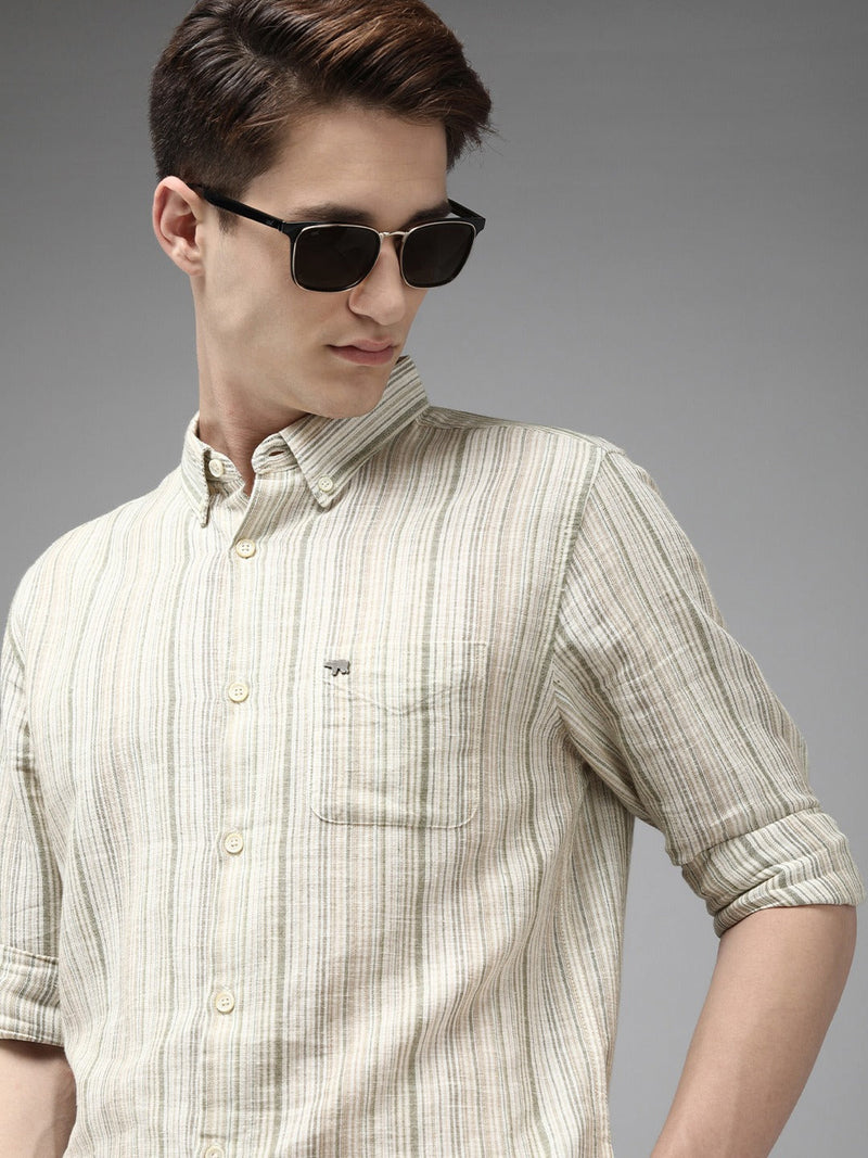 Ingo - Men Cream Striped Slim Fit Cotton Linen Casual Shirt