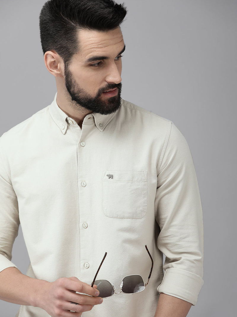 Unam - Men Beige Solid Slim Fit Cotton Shirt