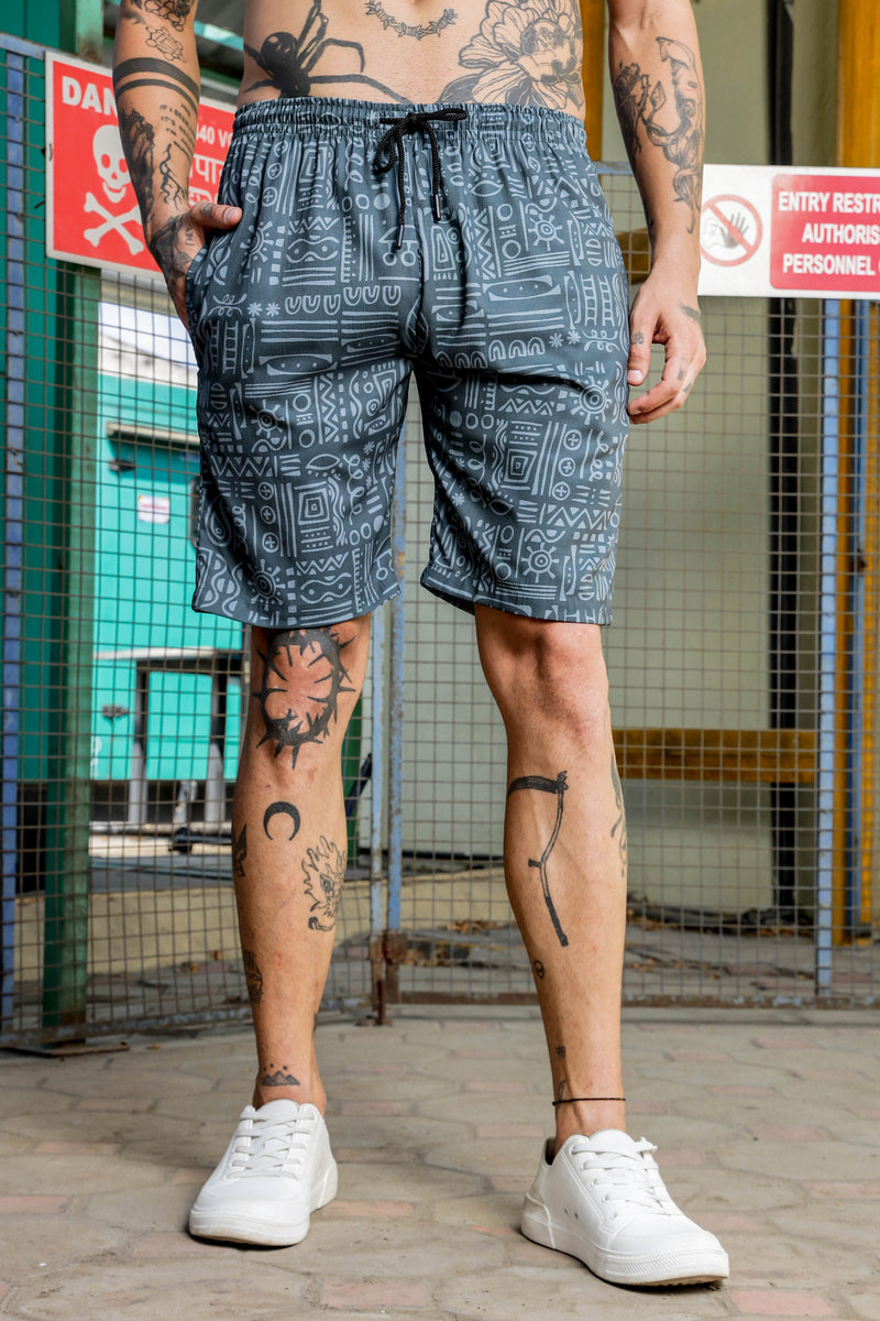 Grey Tribal Print Textured Fabric Relaxed Fit Shorts