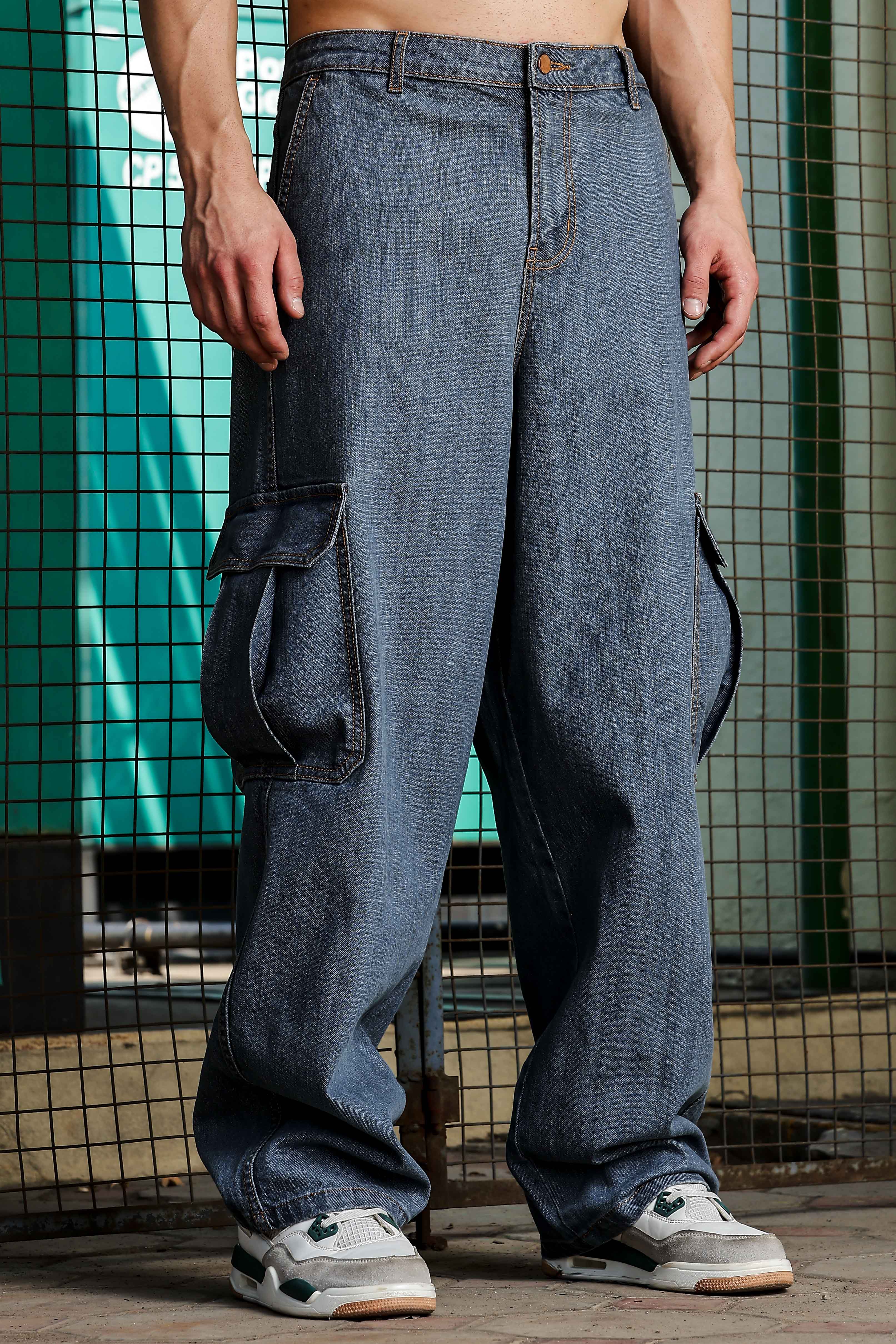 Unisex Indigo Blue Baggy Oversized Fit Denim Baggy Cargo