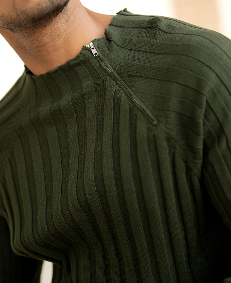 Olive High Neck Ribbed T-Shirt