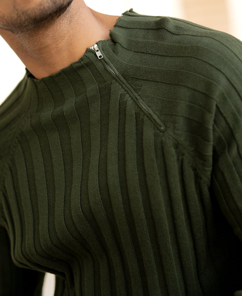 Olive High Neck Ribbed T-Shirt