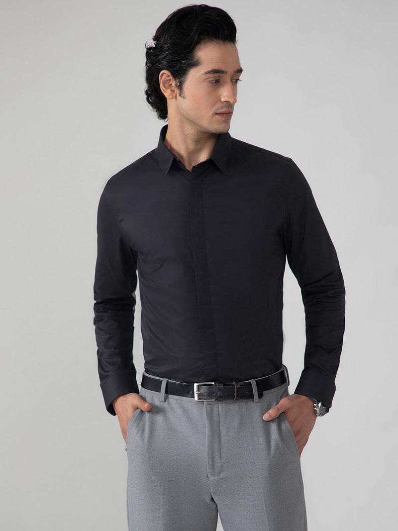 2 Way Stretch Satin Shirt in Raven Black- Slim Fit