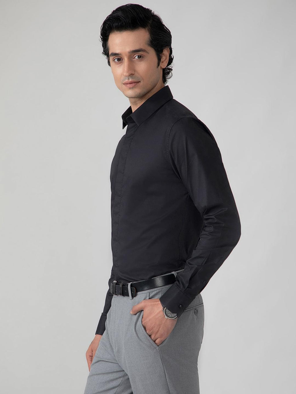 2 Way Stretch Satin Shirt in Raven Black- Slim Fit