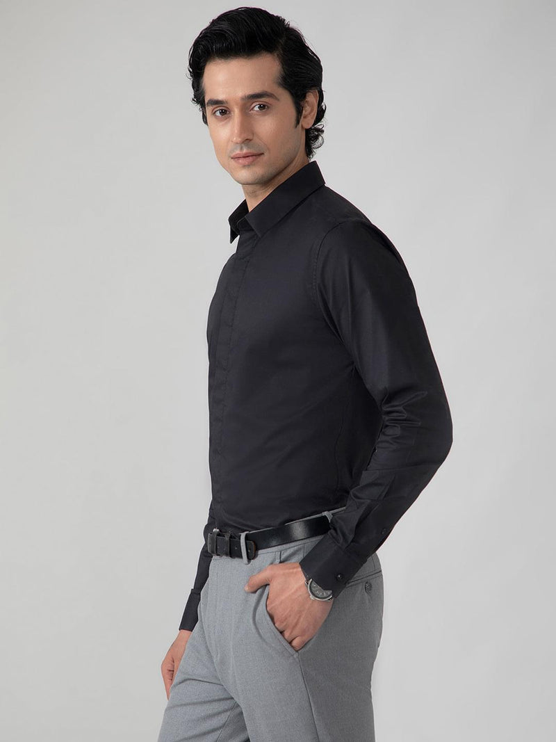 2 Way Stretch Satin Shirt in Raven Black- Slim Fit