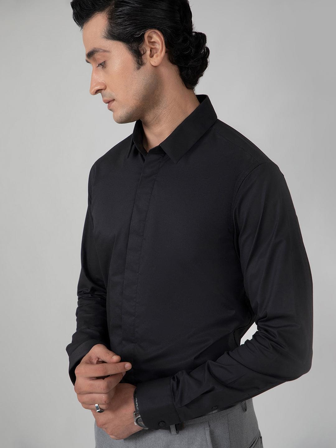 2 Way Stretch Satin Shirt in Raven Black- Slim Fit