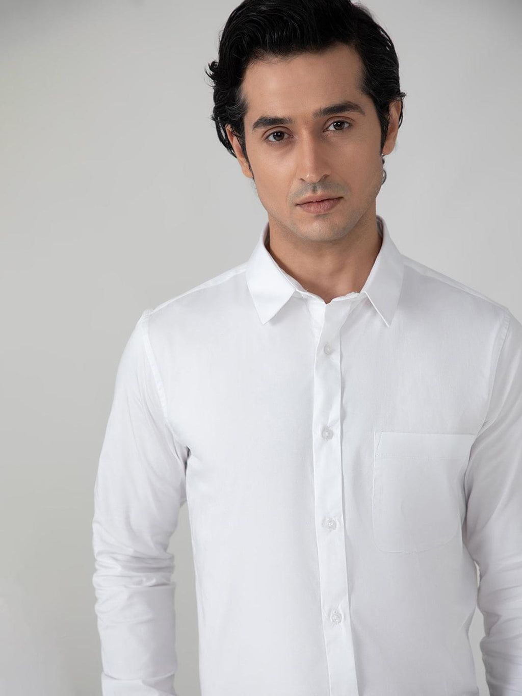2 Way Stretch Cotton Shirt in White- Slim Fit