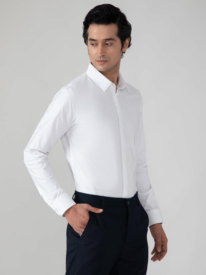 2 Way Stretch Satin Shirt in White- Slim Fit