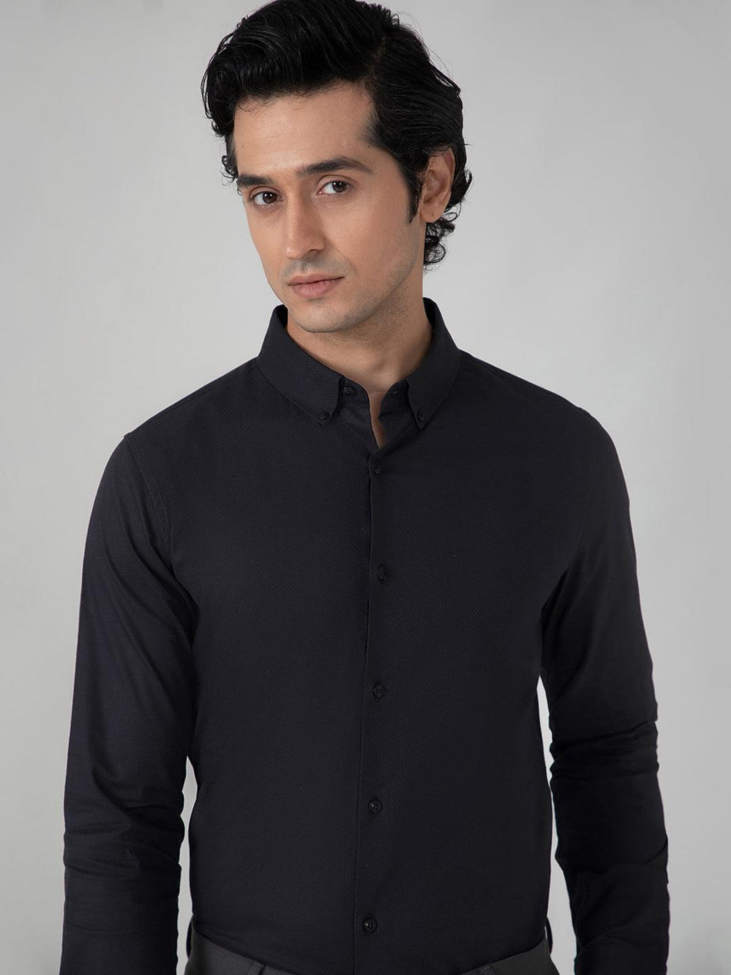 2 Way Stretch Dobby Shirt in Raven Black- Slim Fit