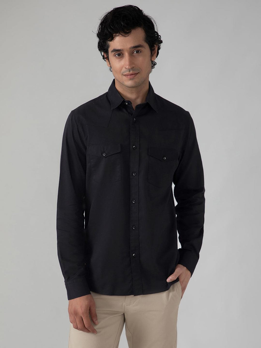 Double Pocket Cargo Shirt in Raven Black- Comfort Fit