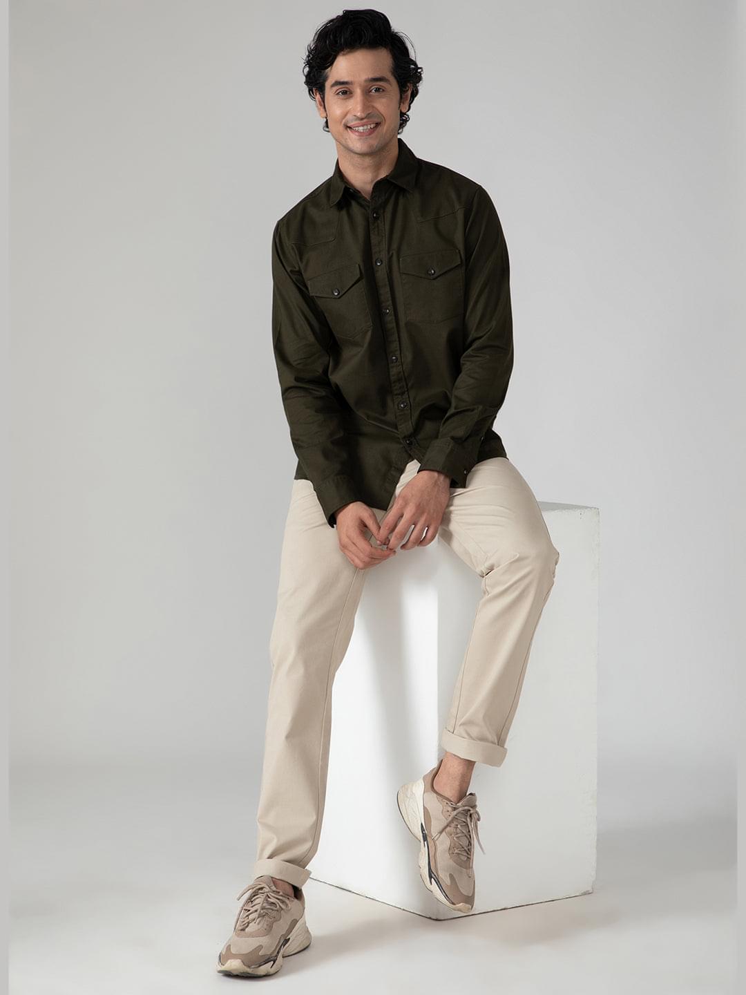 Double Pocket Cargo Shirt in Dark Olive- Comfort Fit