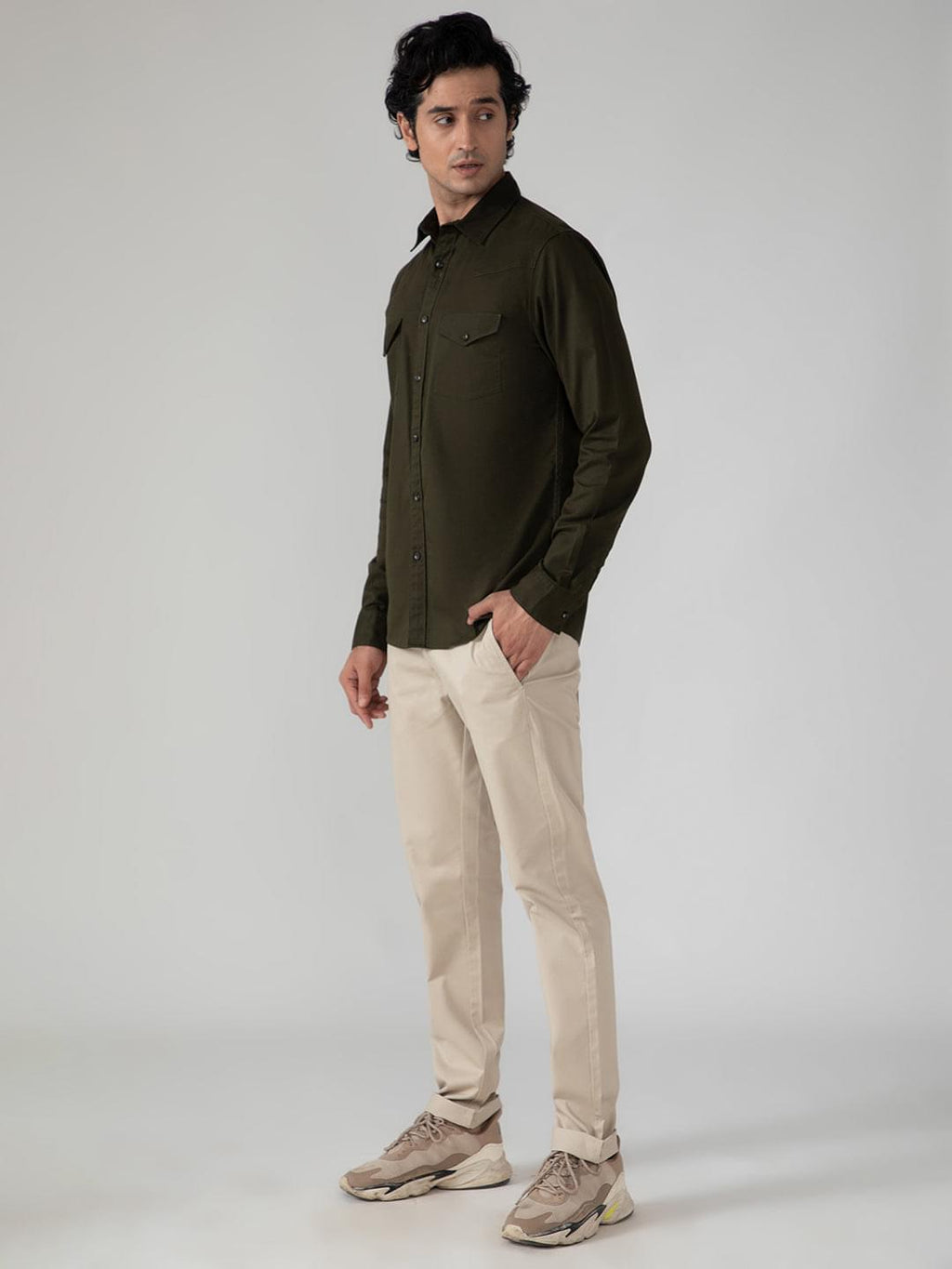 Double Pocket Cargo Shirt in Dark Olive- Comfort Fit