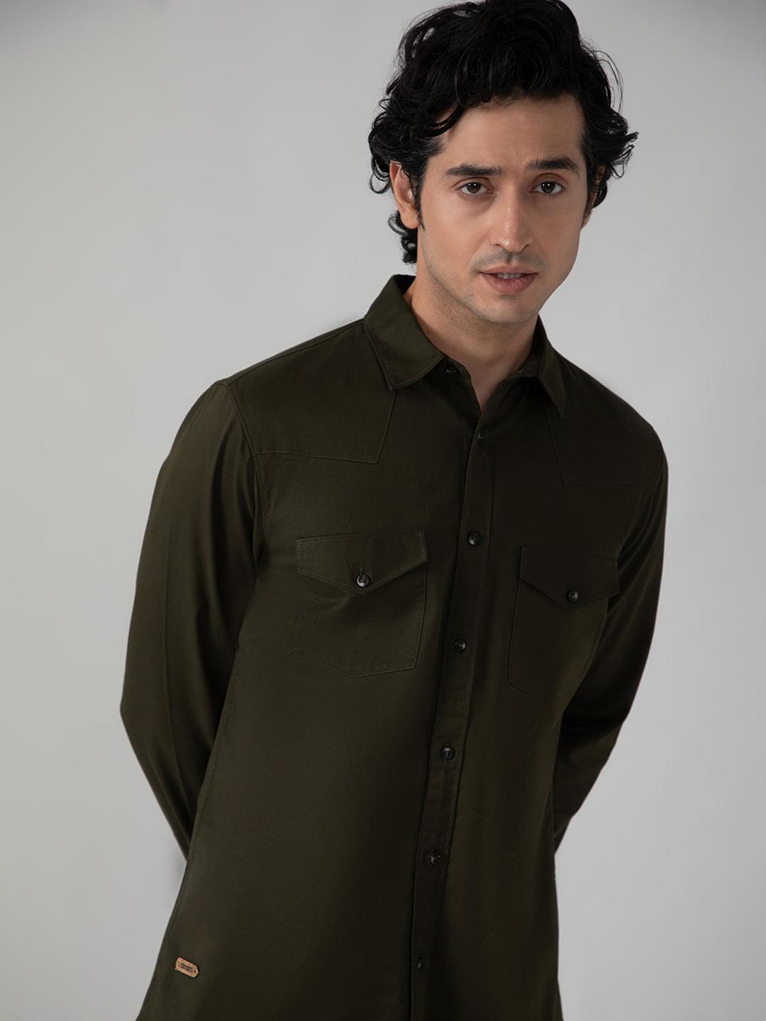 Double Pocket Cargo Shirt in Dark Olive- Comfort Fit