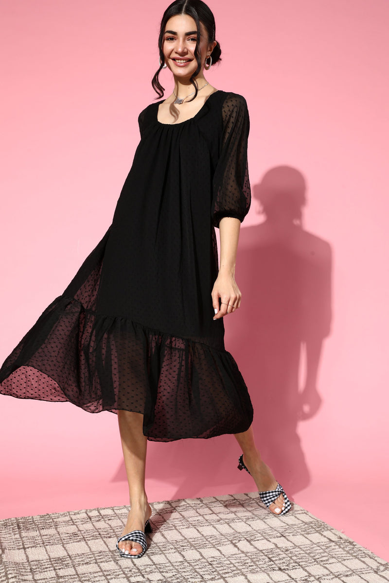 Athena Black Dobby Chiffon Trapeze Dress With Backless Detail