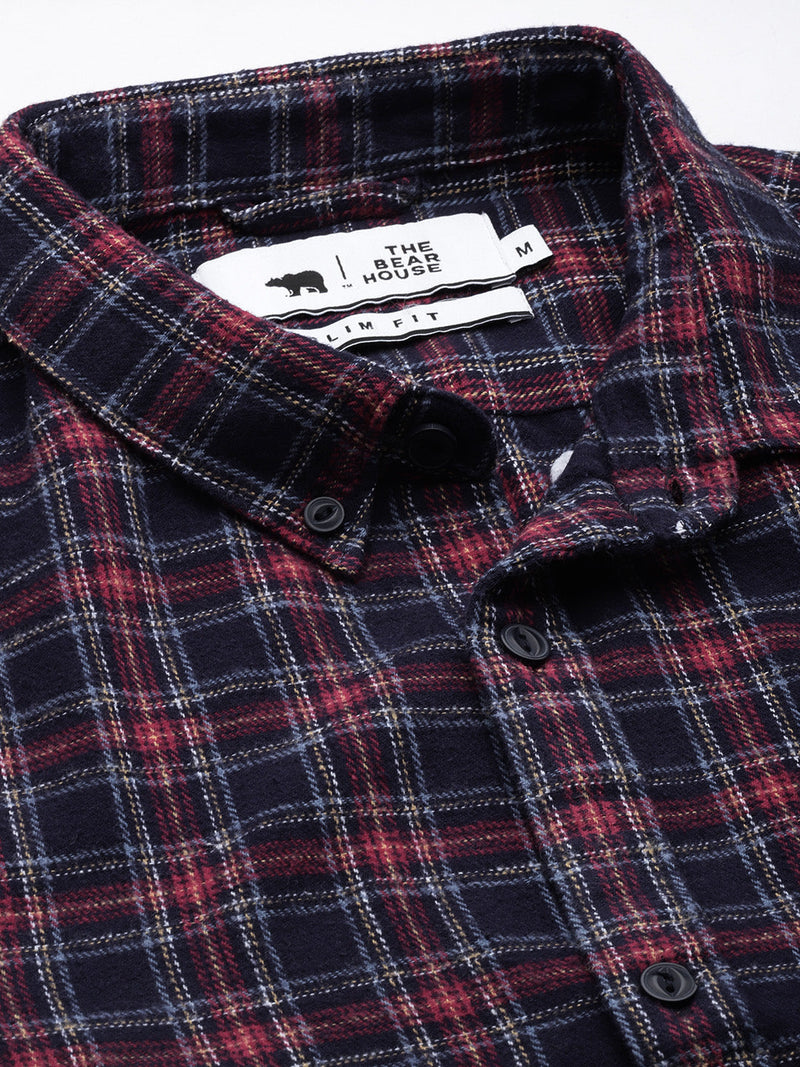 Aride - Men Navy Blue & Maroon Slim Fit Checked Flannel Cotton Casual Shirt