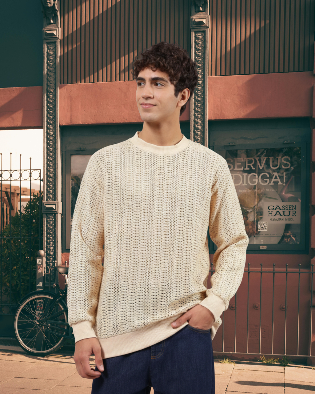 Beige Oversized Fit Premium Cotton Crochet T-Shirt
