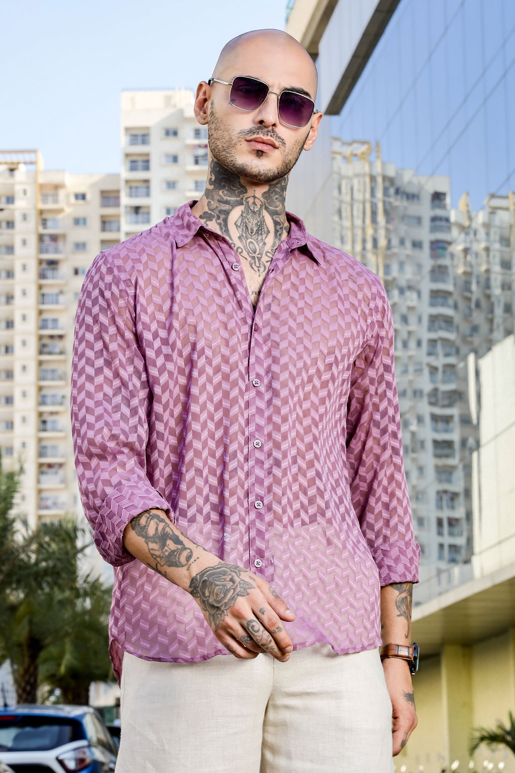 Lavender Classic Semi Sheer Georgette Relaxed Fit Shirt