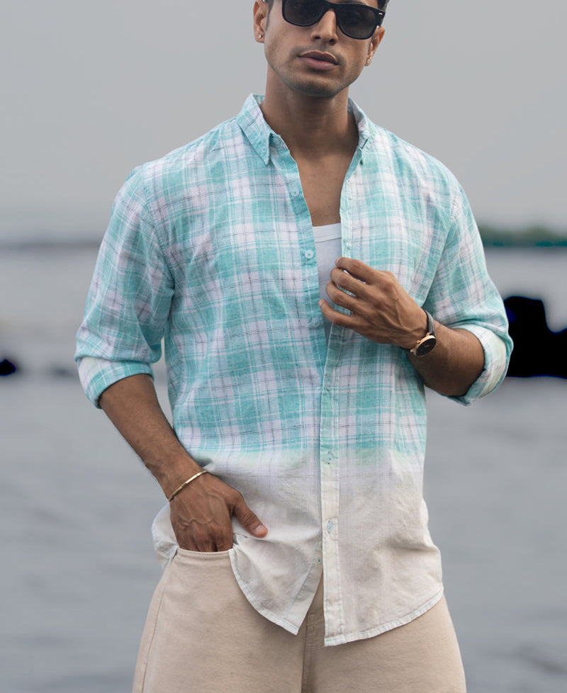 Aqua Blue Light Weight Ombre Checks Shirt