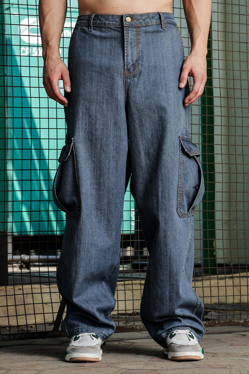Unisex Indigo Blue Baggy Oversized Fit Denim Baggy Cargo