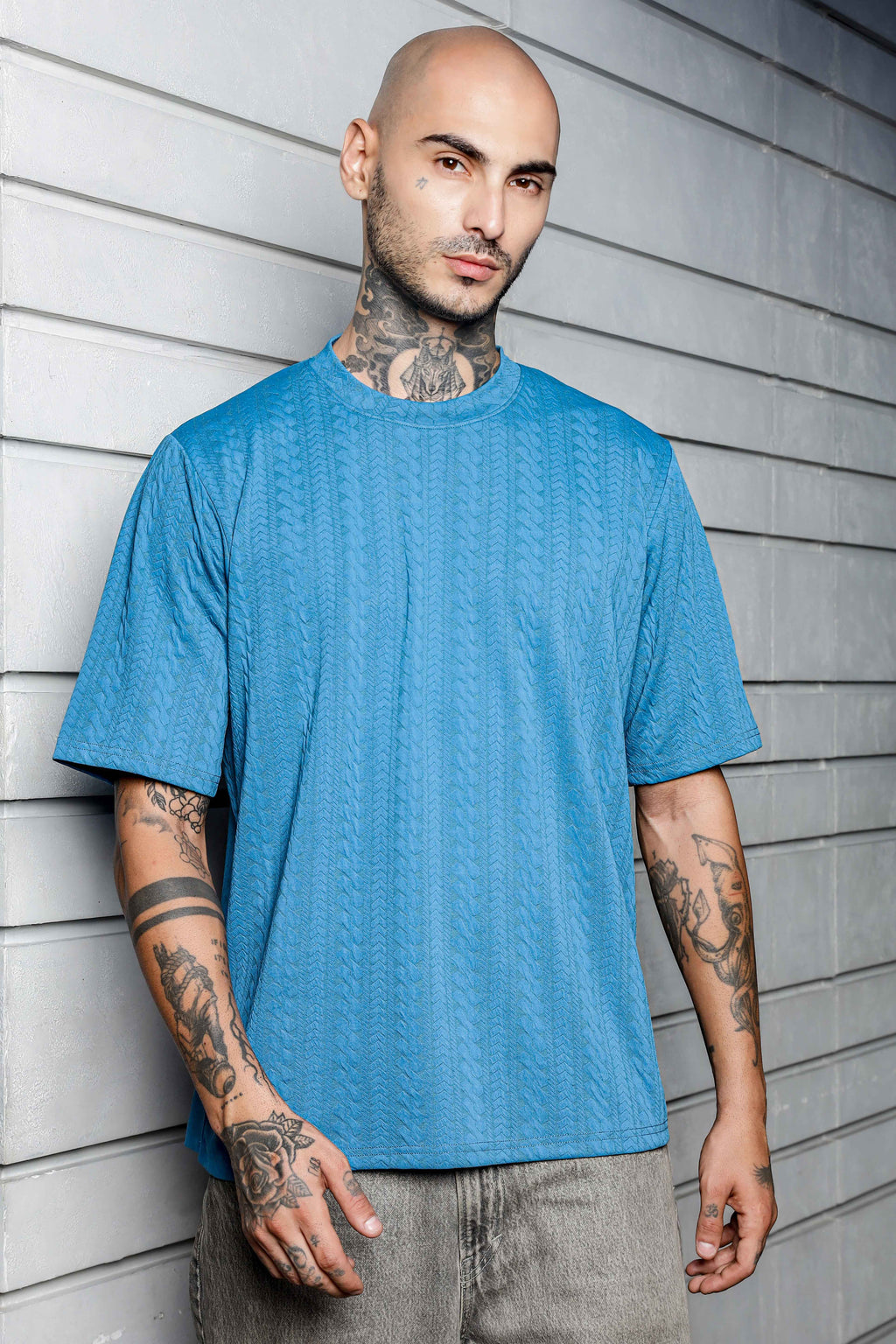 Unisex Blue Textured Round Neck Oversized T-shirt