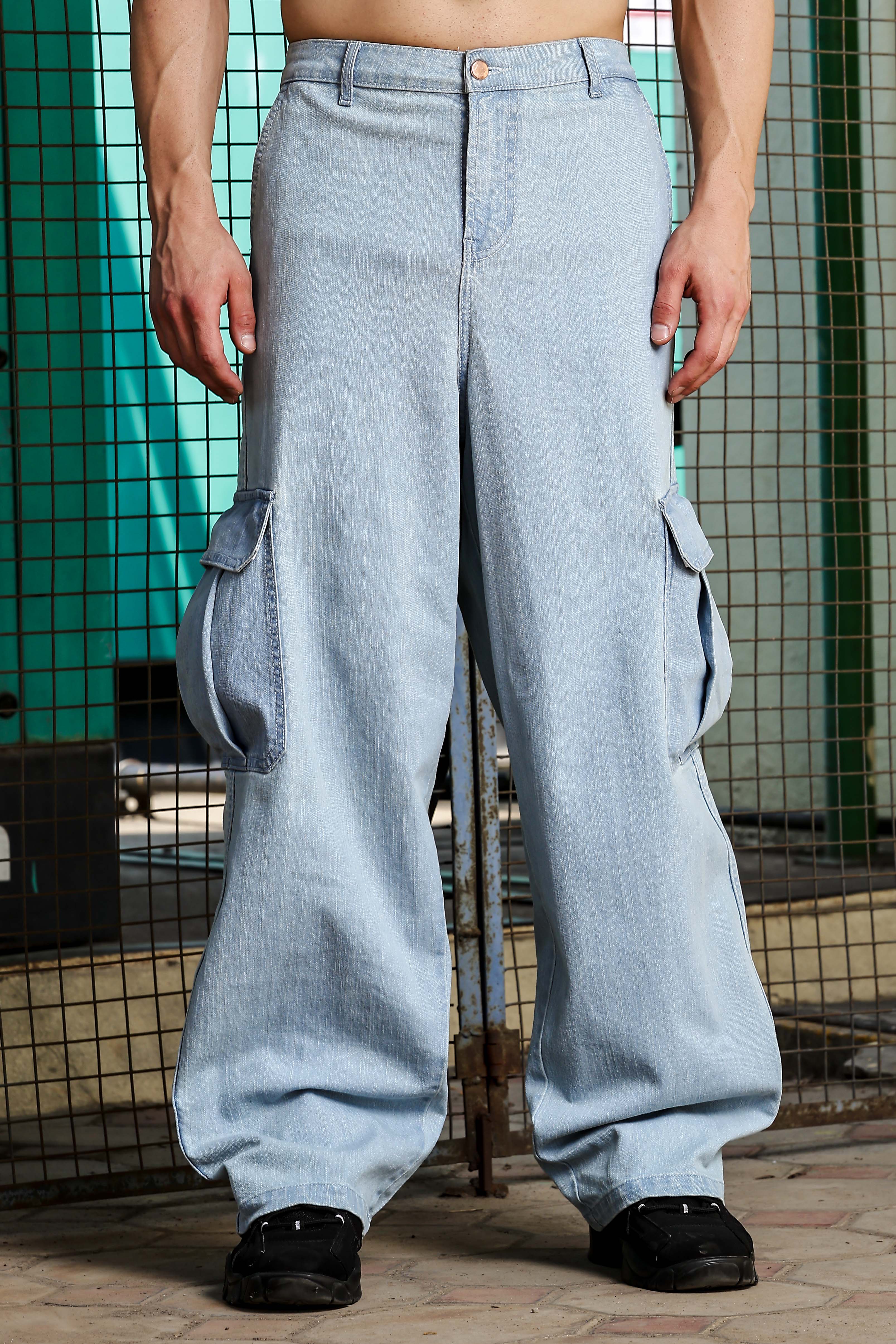 Light Blue Raw Wash Heavy Weight Premium Streetwear Baggy Fit Denim Cargo