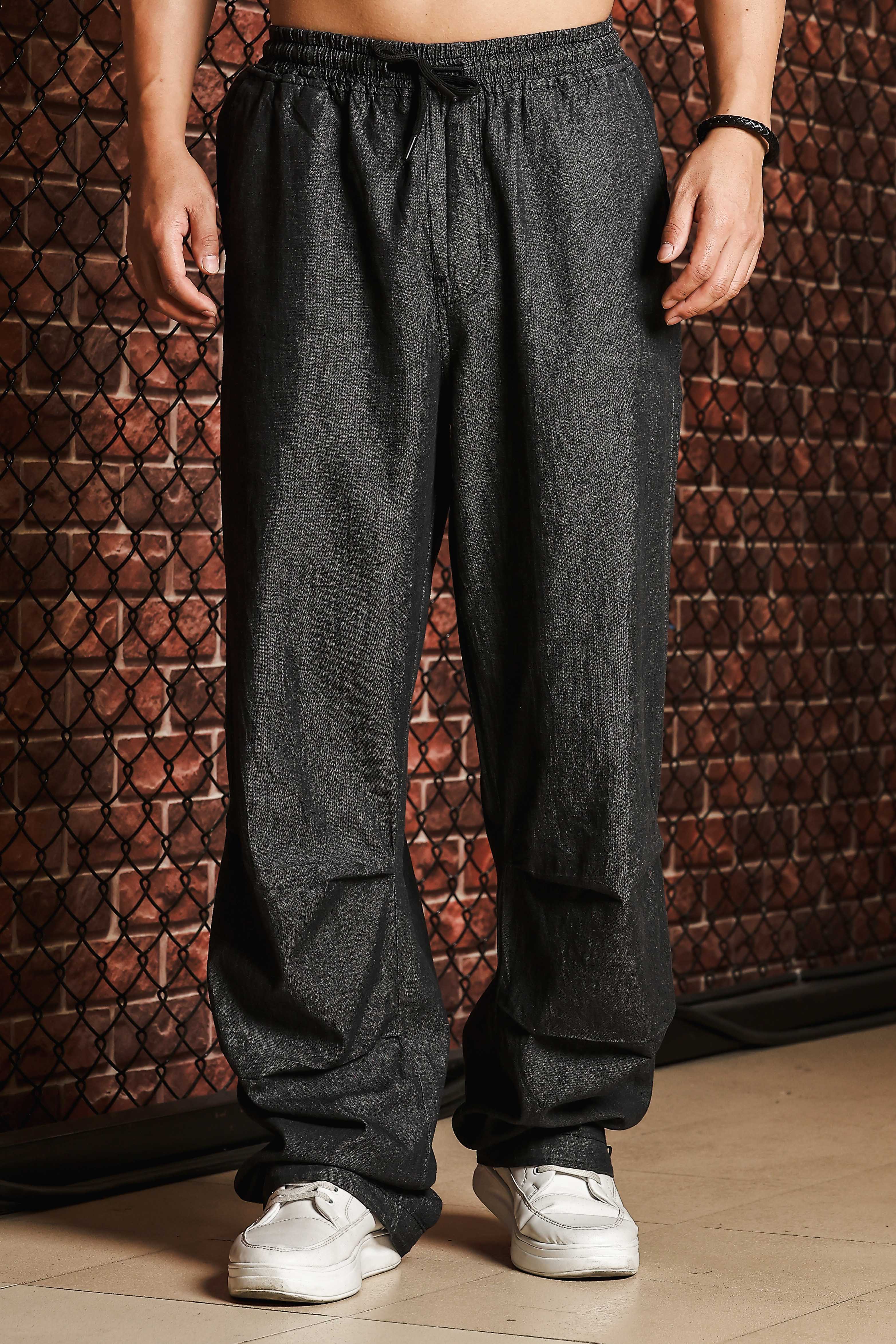 Charcoal Black Relaxed Fit Drawstring Denim Parachute Cargo