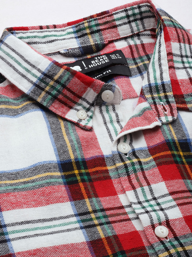 Ravelo - Men White & Red Slim Fit Checked Cotton Flannel Casual Shirt