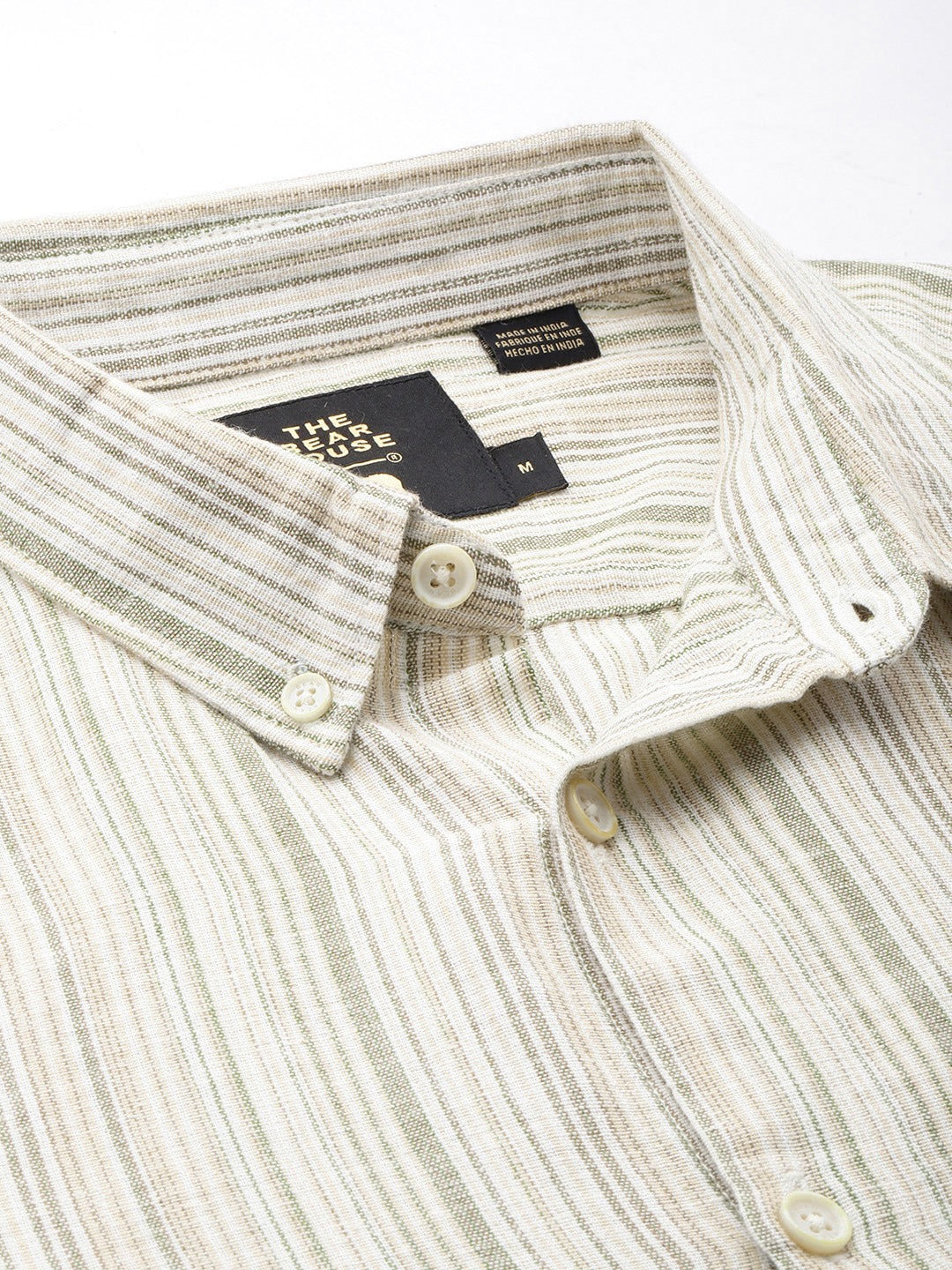 Ingo - Men Cream Striped Slim Fit Cotton Linen Casual Shirt