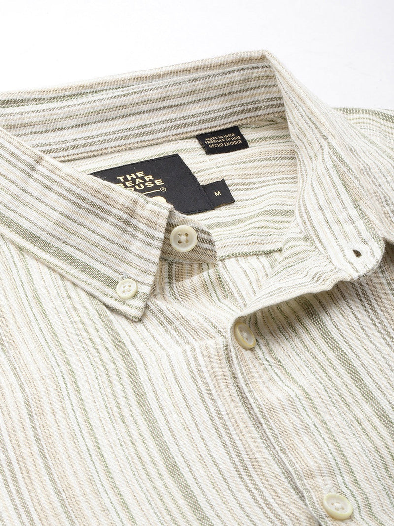 Ingo - Men Cream Striped Slim Fit Cotton Linen Casual Shirt