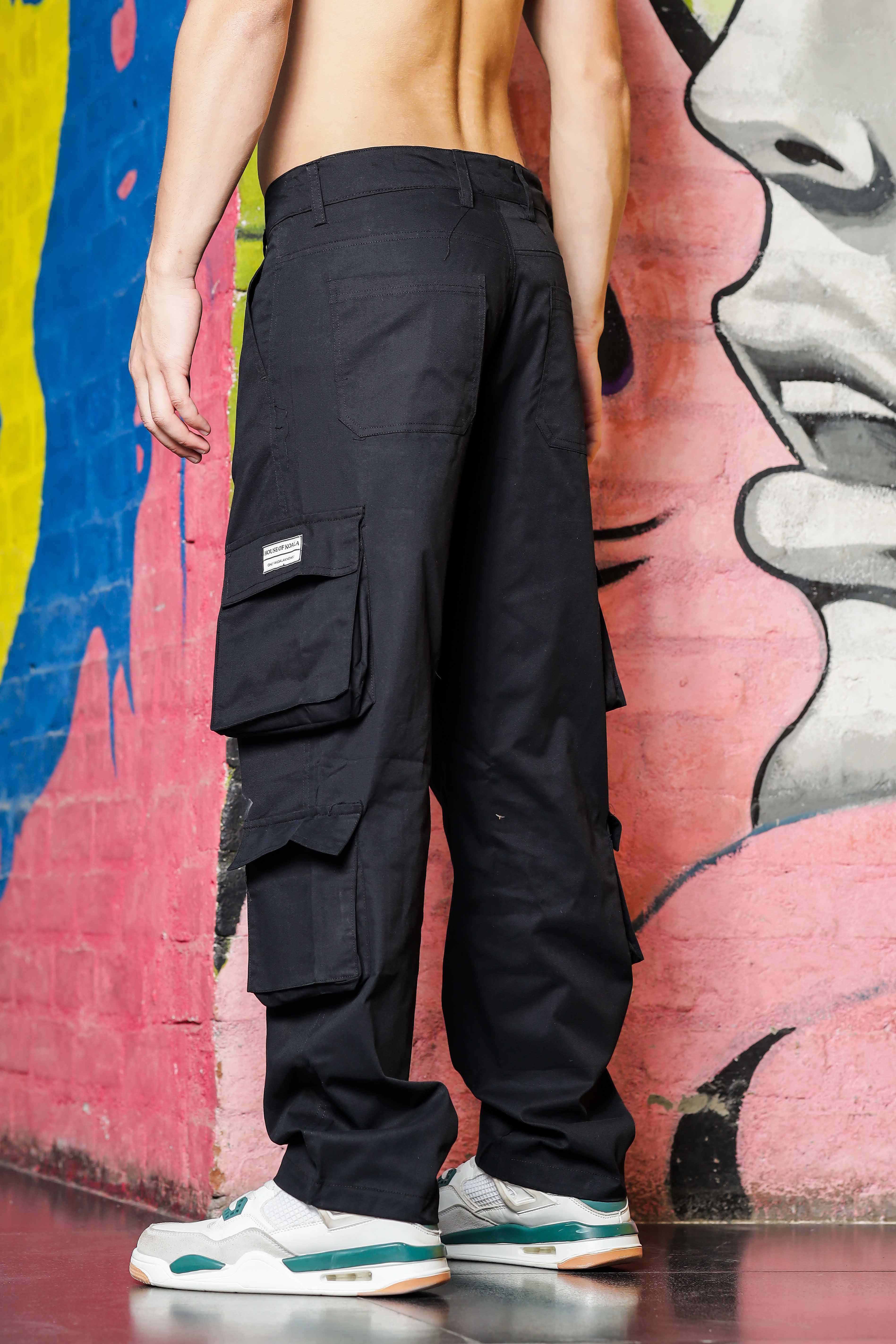 Black Baggy Fit Streetwear Style 8 Pocket Pure Cotton Cargo Trousers