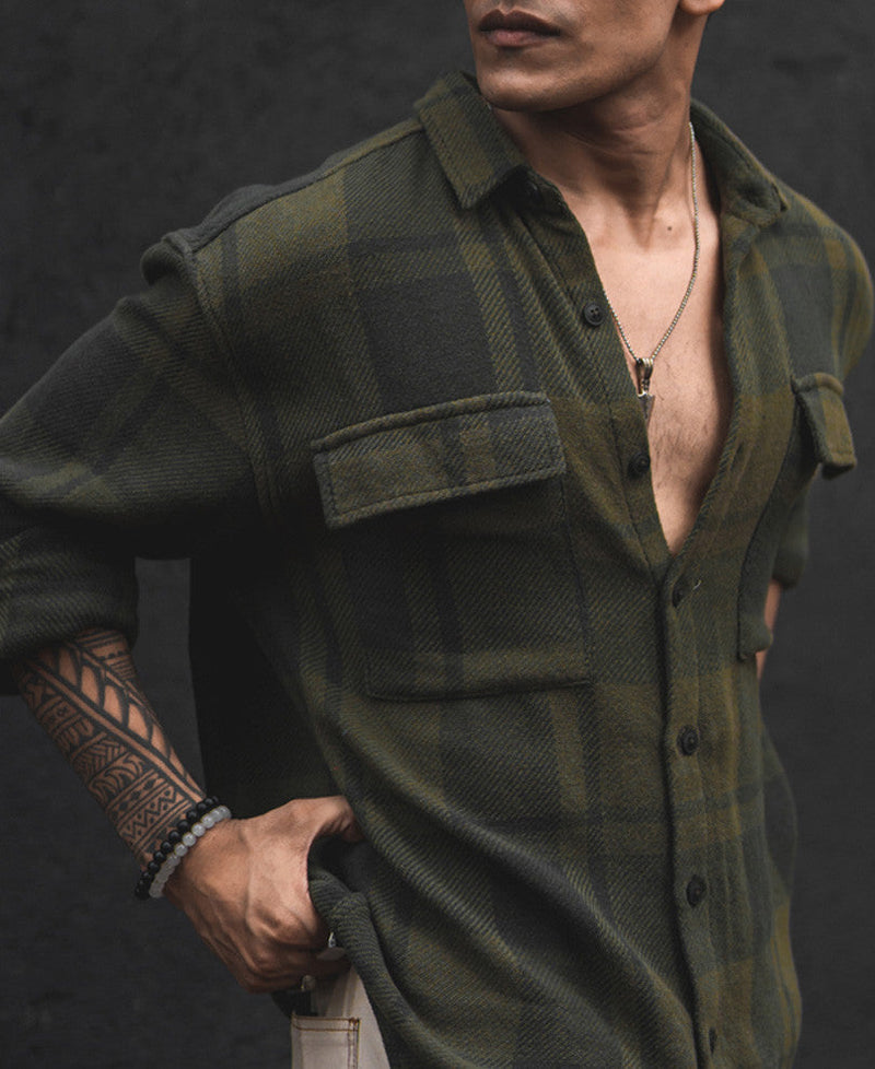 Olive Green Structured Flannel Checks Shacket Oversized Shirt