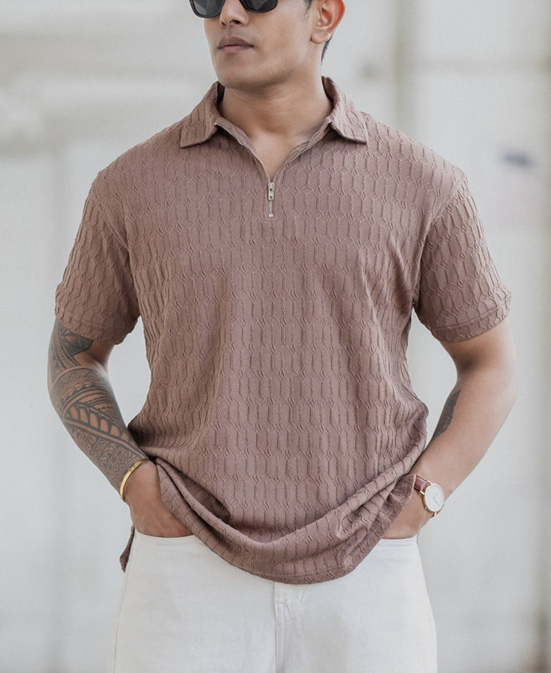 Dusty Brown Textured Polo T-Shirt