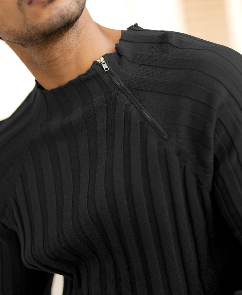 Black High Neck Ribbed T-Shirt