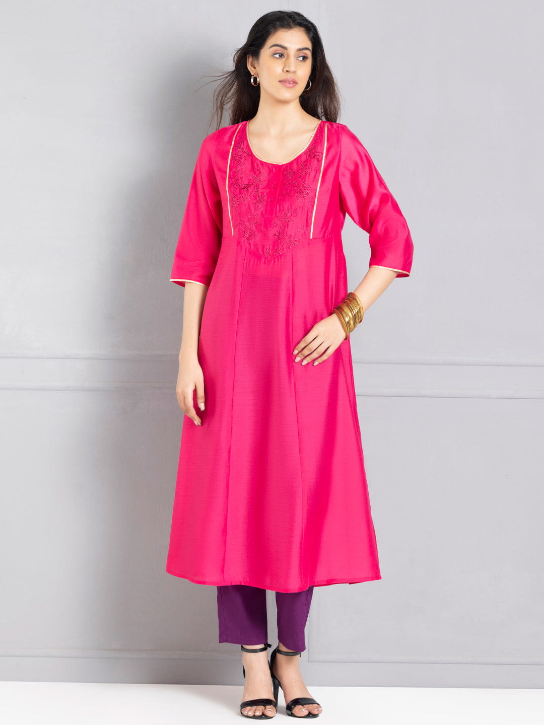 Rani Pink A line Embroidered Kurta