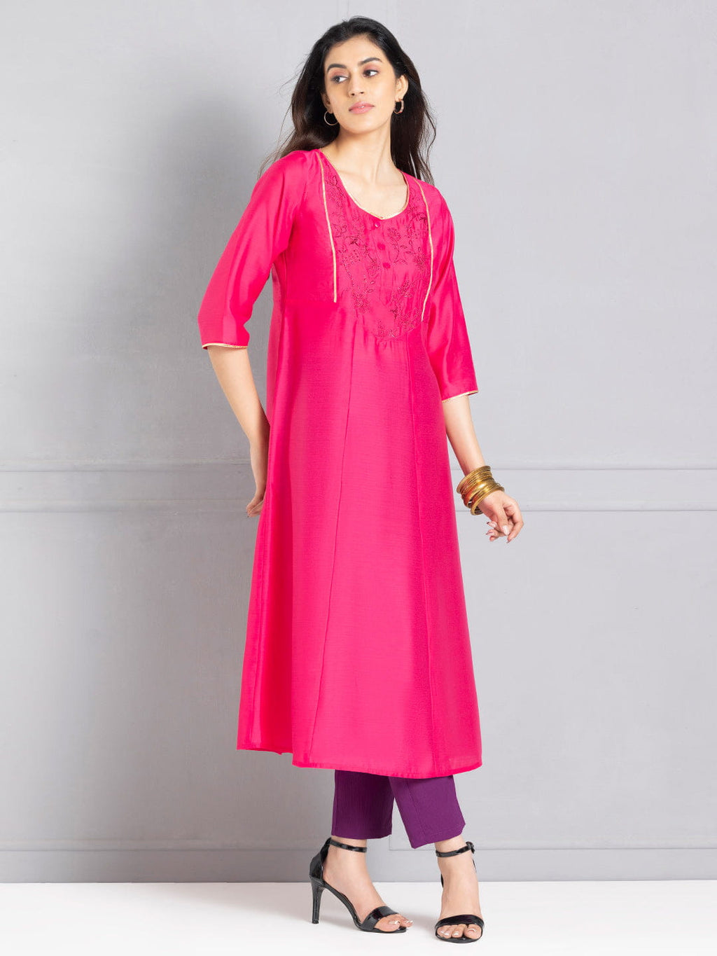 Rani Pink A line Embroidered Kurta