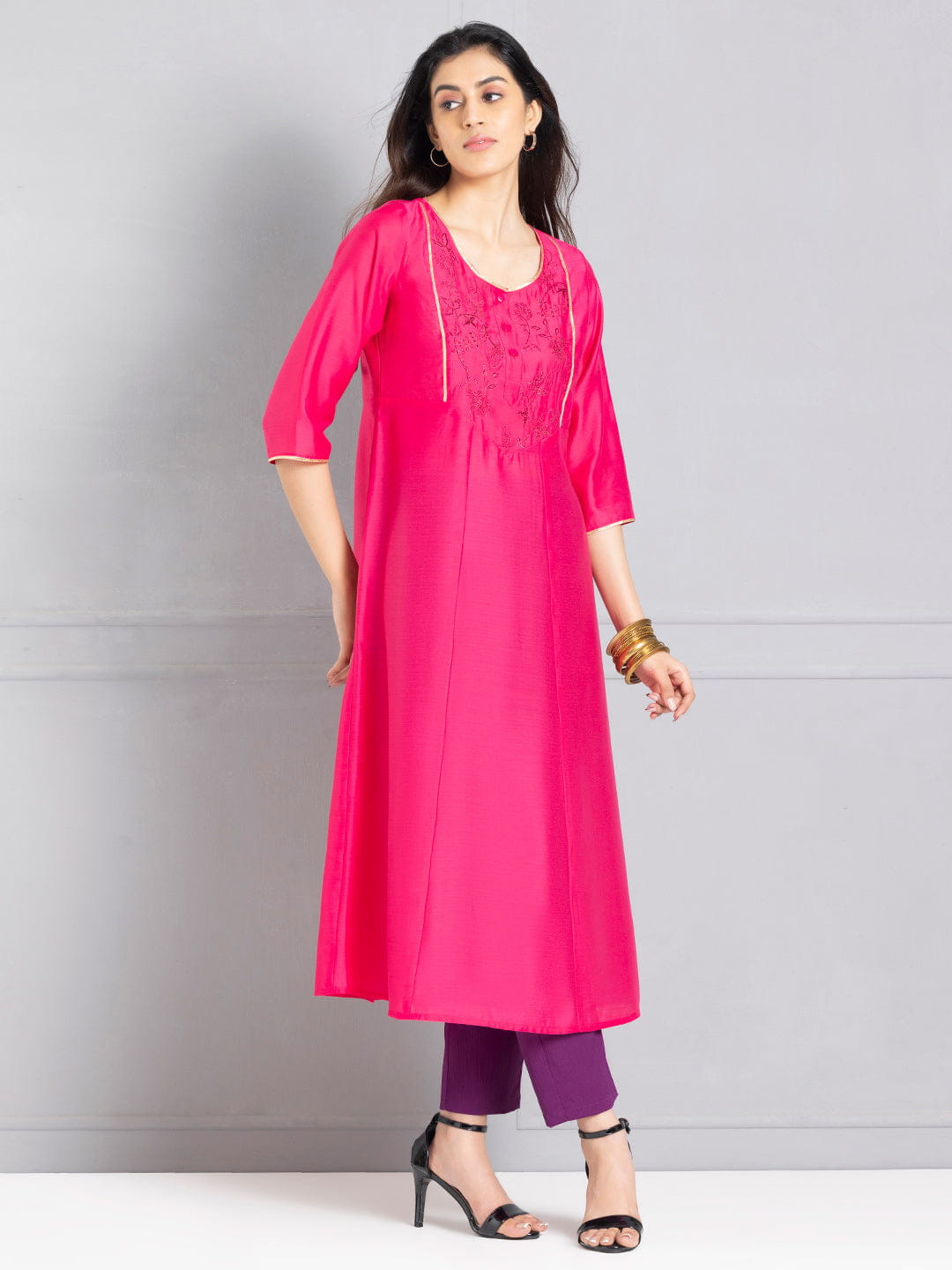 Rani Pink A line Embroidered Kurta