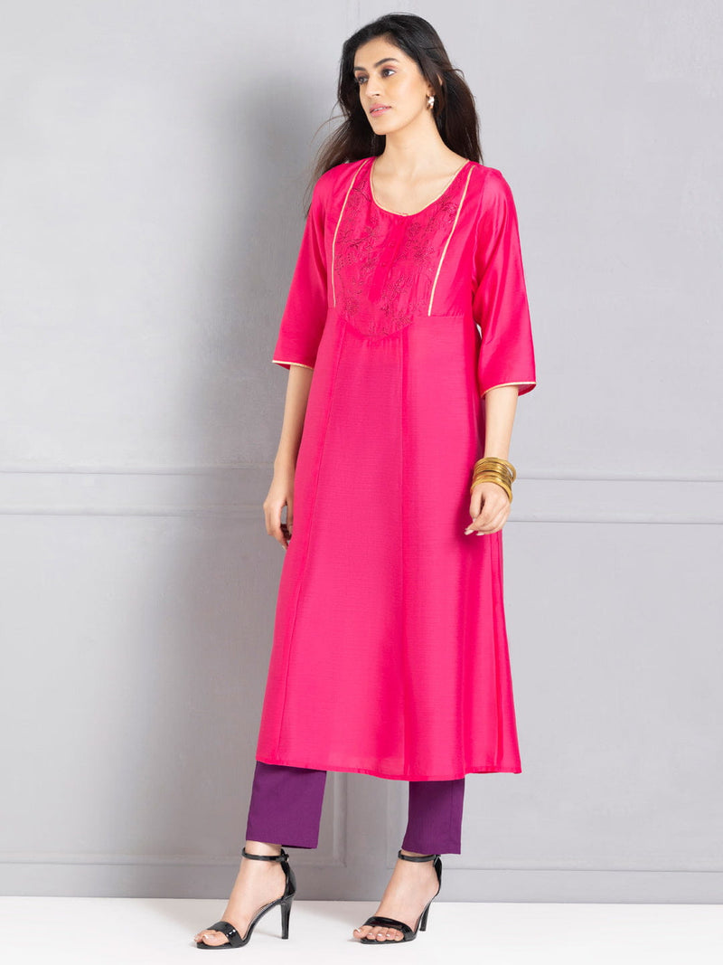 Rani Pink A line Embroidered Kurta