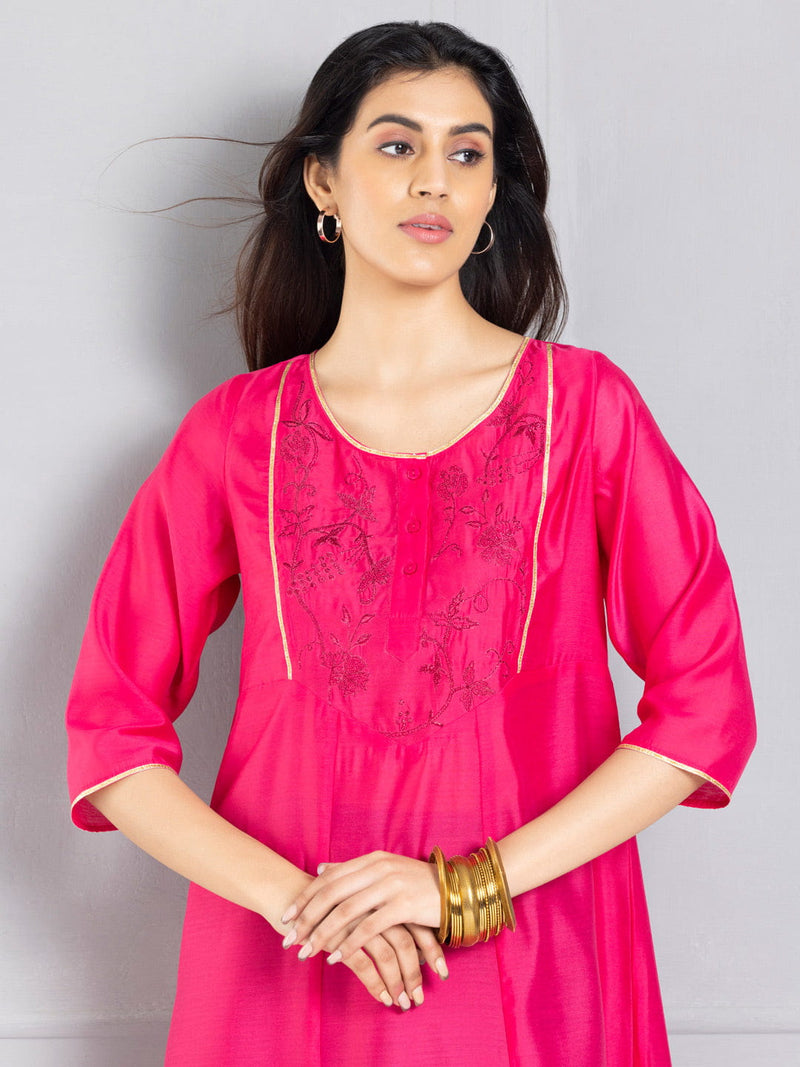 Rani Pink A line Embroidered Kurta