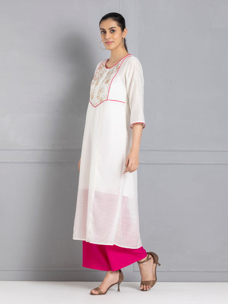 Off White A line Embroidered Kurta with Slip