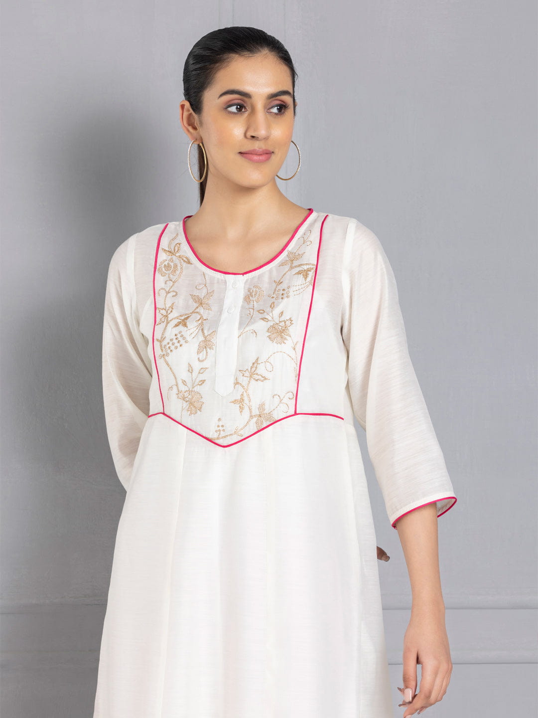 Off White A line Embroidered Kurta with Slip