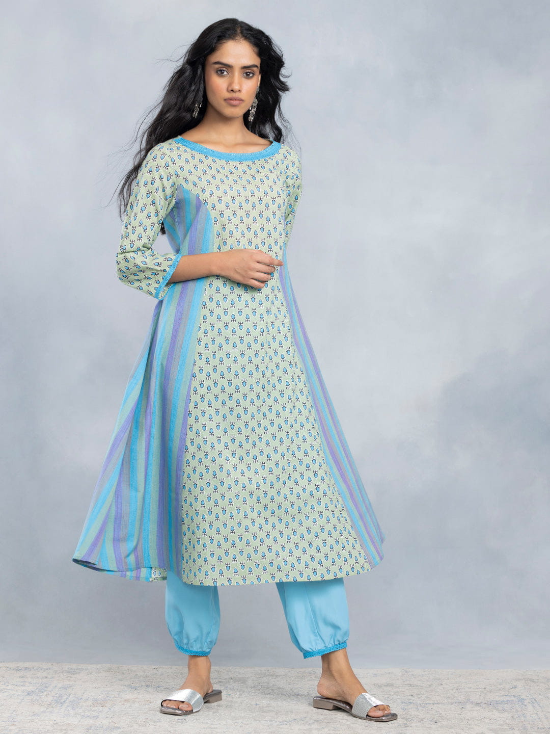 Green and Blue Anarkali Set