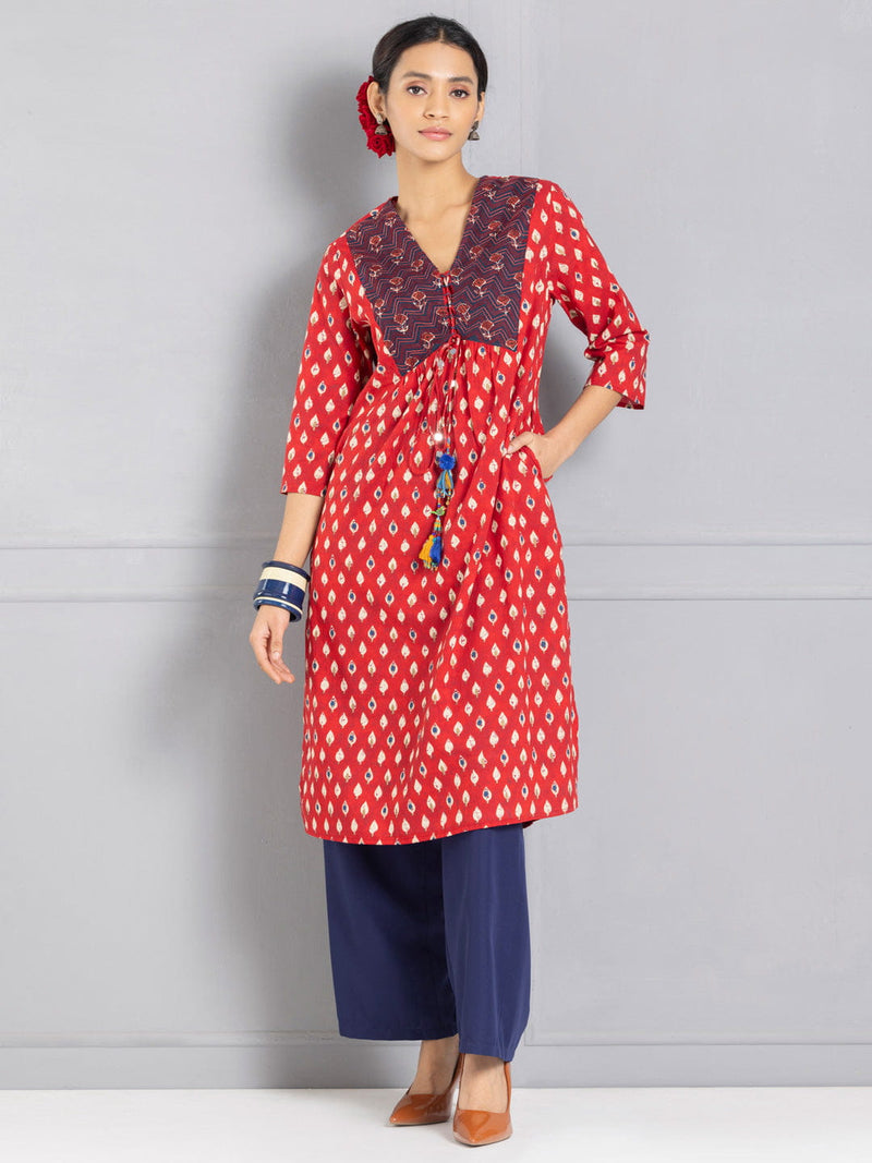 Maroon Printed & Embroidered Tasseled Kurta