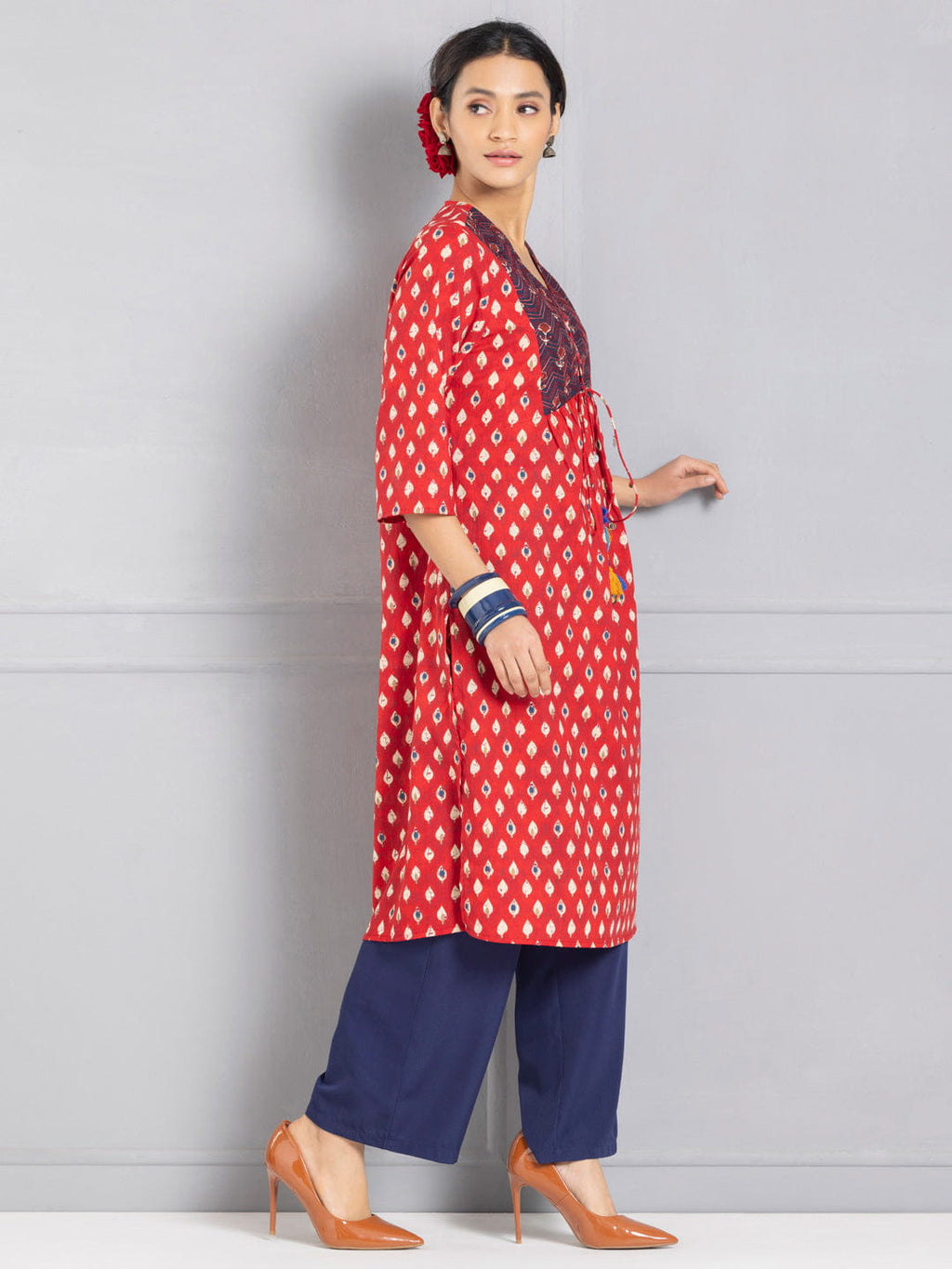 Maroon Printed & Embroidered Tasseled Kurta